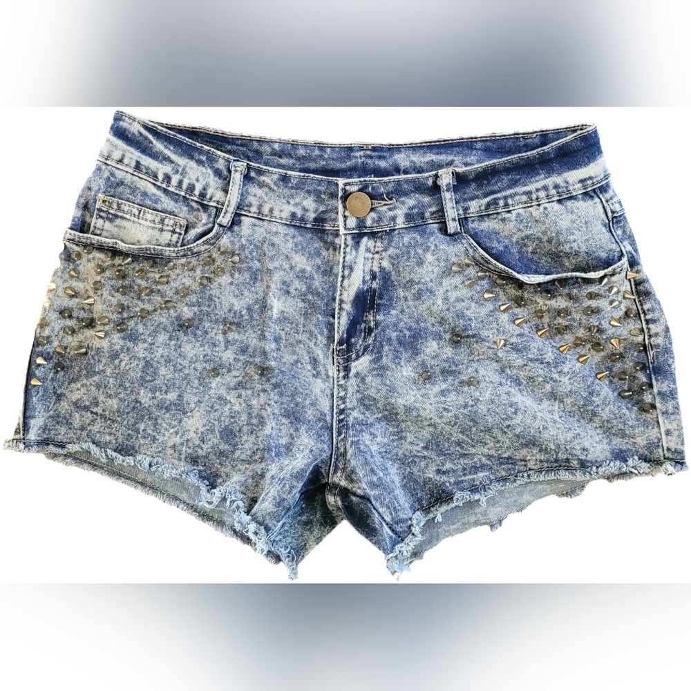 Hot & Delicious 90s Rock Core Spike Stud Acid Wash Cut Off Denim Jeans Shorts
